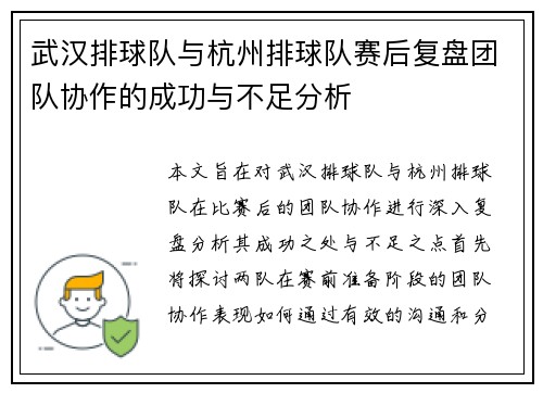 武汉排球队与杭州排球队赛后复盘团队协作的成功与不足分析