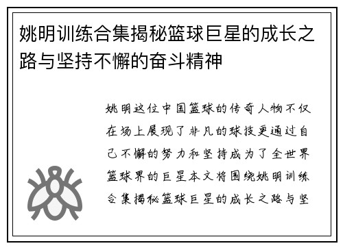 姚明训练合集揭秘篮球巨星的成长之路与坚持不懈的奋斗精神